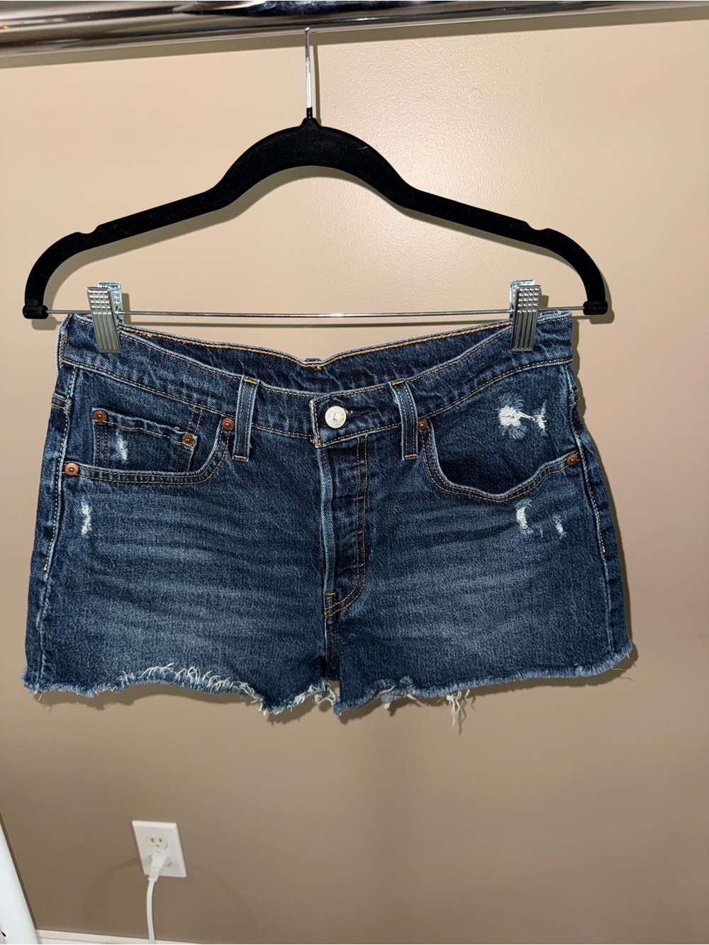 Levi's Dark Blue Distressed Denim Cutoff Shorts